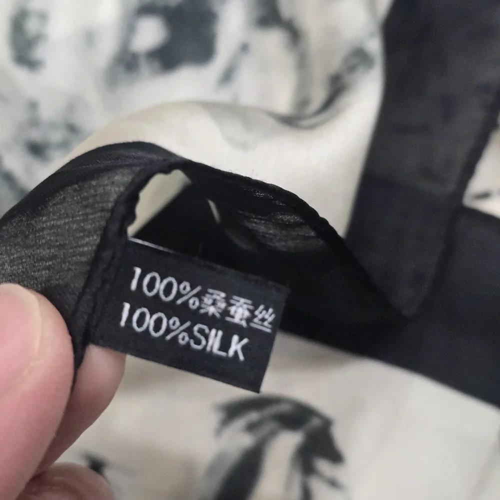 Luxury 100% Mulberry Silk Long‎ Scarf - Elegant Black & White Floral Camellia...